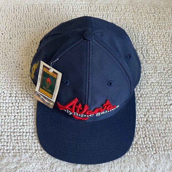 90s Vintage Atlanta Olympics Snapback Hat OSFA Dead Stock Embroidered Navy Blue - Picture 2 of 9